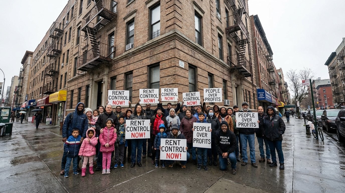diverse tenants holding rent control protest signs in front of urban apartment building housing rights