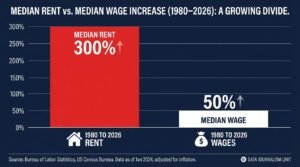 infographic bar chart showing median rent up 300 percent vs wages up 50 percent 1980 to 2026 data journalism