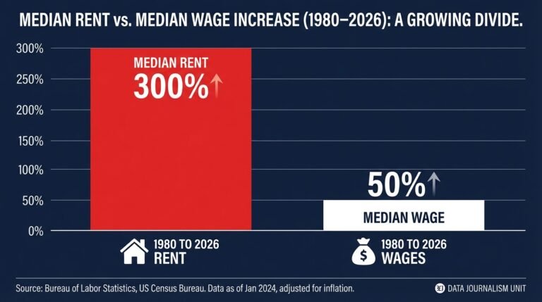 infographic bar chart showing median rent up 300 percent vs wages up 50 percent 1980 to 2026 data journalism