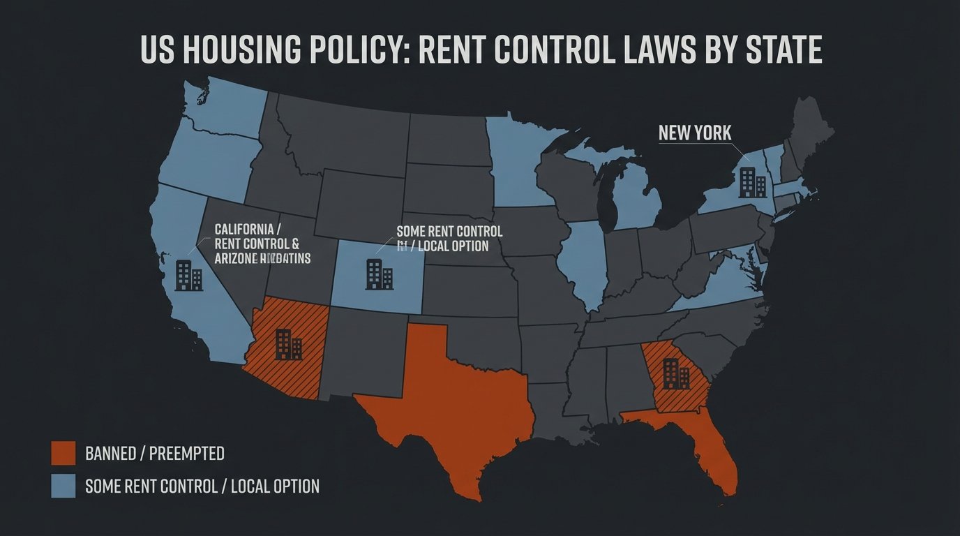 US map infographic showing rent control laws by state states where preempted banned housing policy