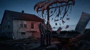 Elderly couple standing in front of their home with reverse mortgage lender looming behind them