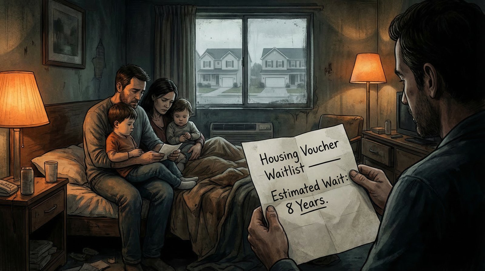 Family waiting 8 years on Section 8 housing voucher waitlist living in motel room