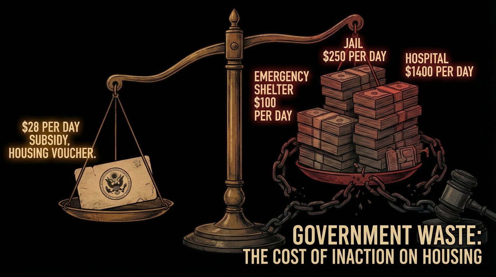 Scale showing housing voucher at 28 dollars per day is cheaper than shelter jail or hospital costs