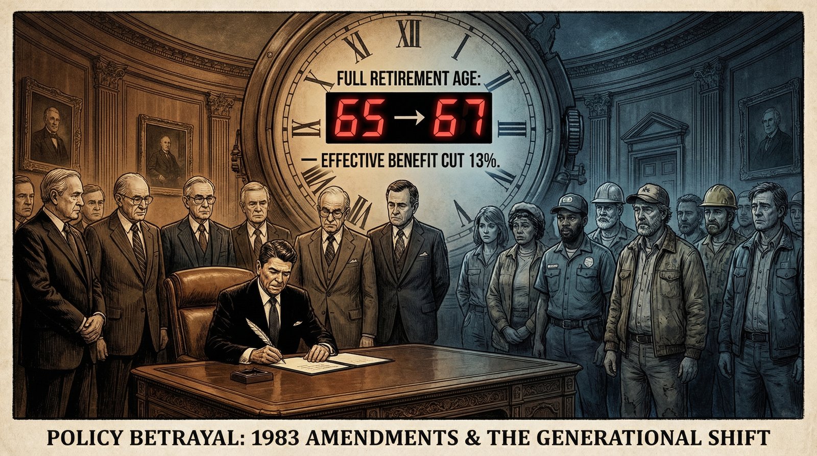 Reagan signs 1983 Social Security Amendments Greenspan Commission benefit cut retirement age 67