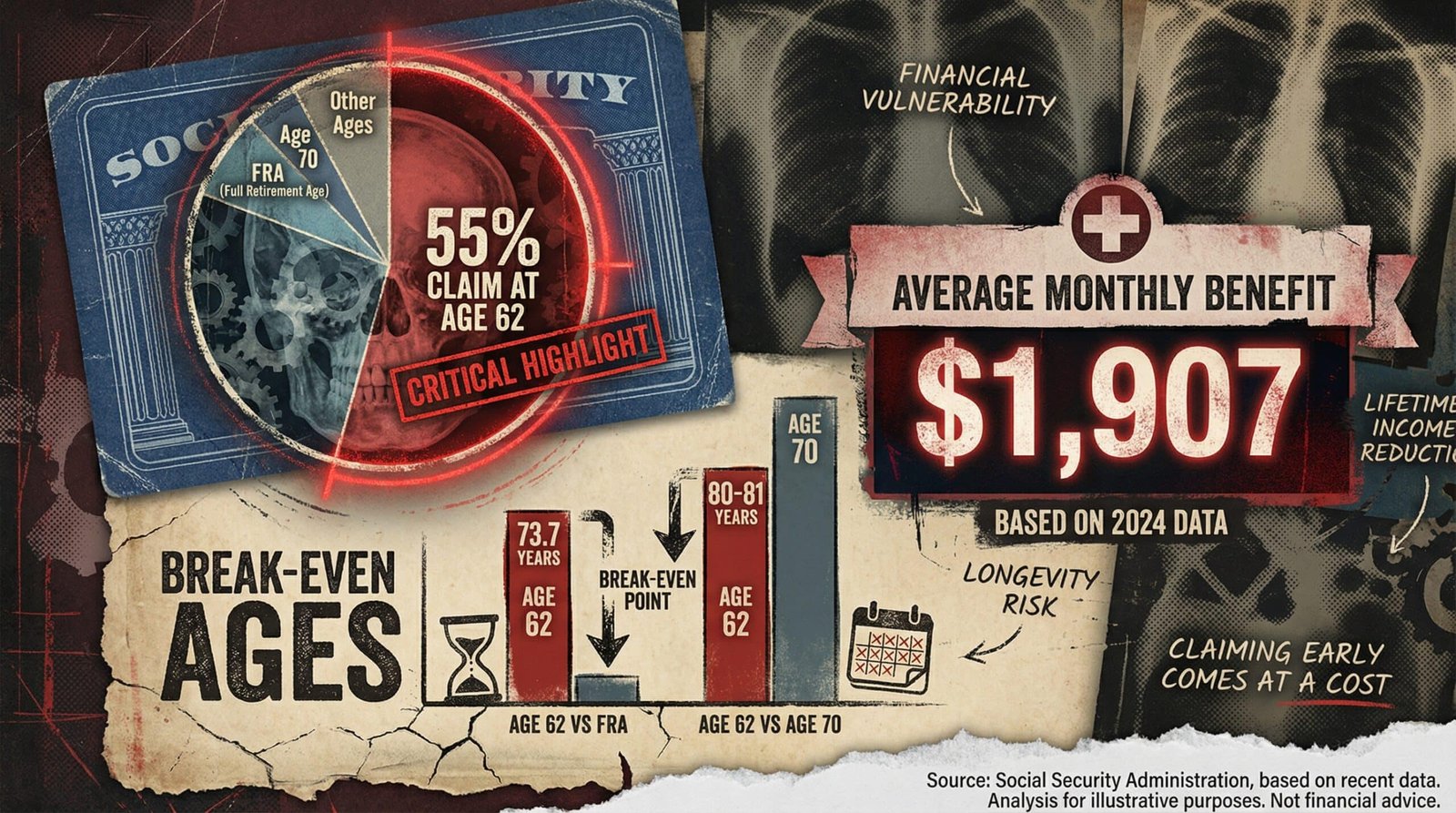 social security claiming age 55 percent claim at 62 break-even age 78 79 years old