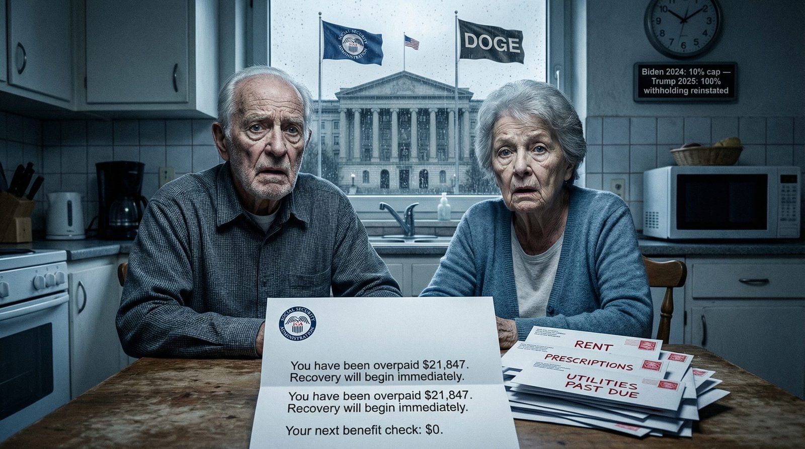 Social Security overpayment clawback elderly couple zero benefit check SSA DOGE 2025 Trump reversed Biden cap