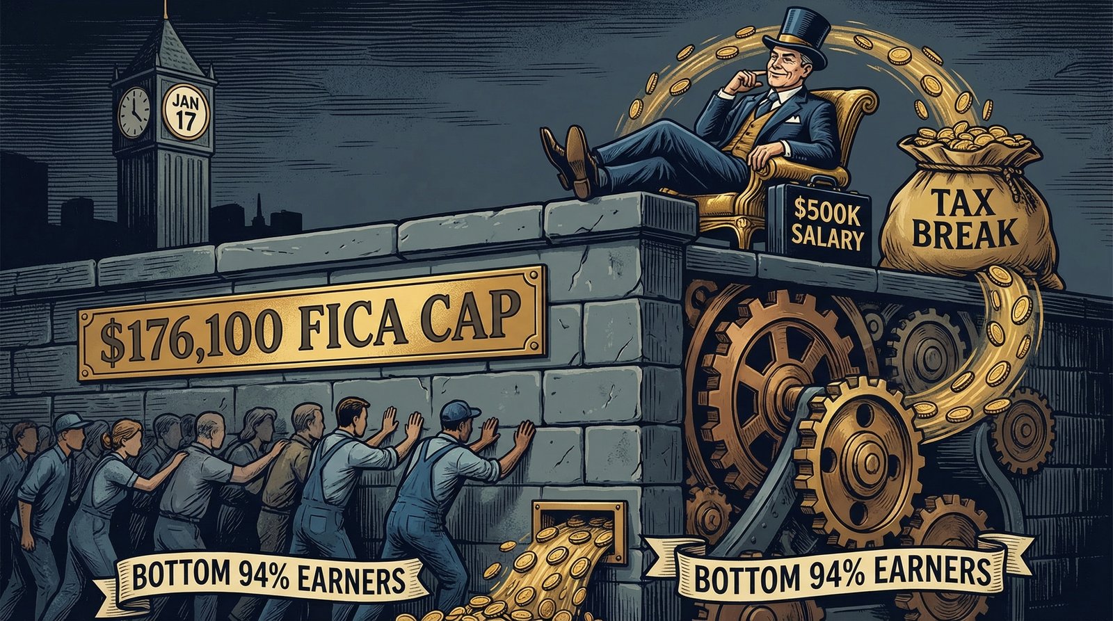 Social Security FICA payroll tax cap $176,100 wealthy earners stop paying January inequality
