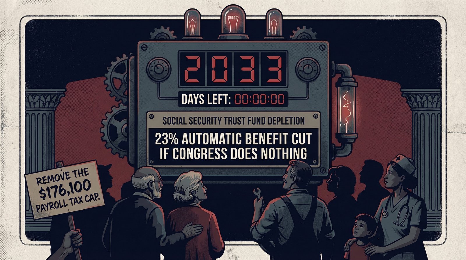 Social Security trust fund 2033 depletion countdown clock 23 percent automatic benefit cut Congress