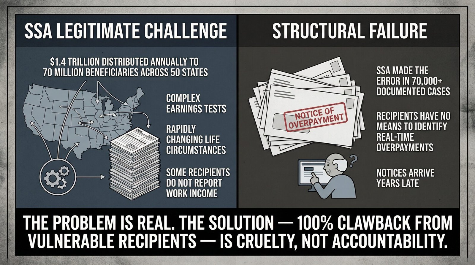 Social Security overpayment counter argument fiscal responsibility 1.4 trillion annual distribution scale complex earnings test