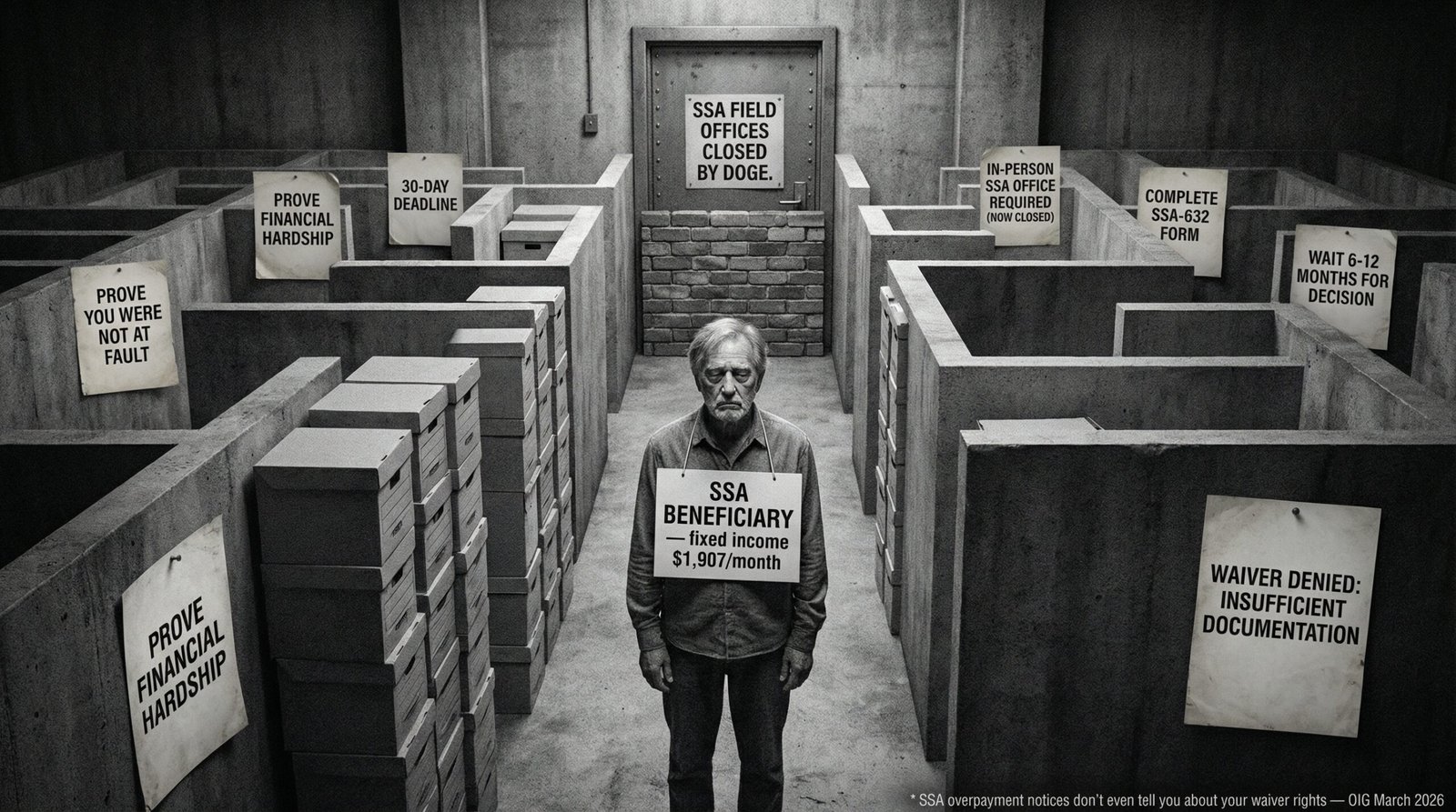 SSA overpayment waiver process Form SSA-632 without fault hardship criteria field office closed DOGE cuts appeal denied