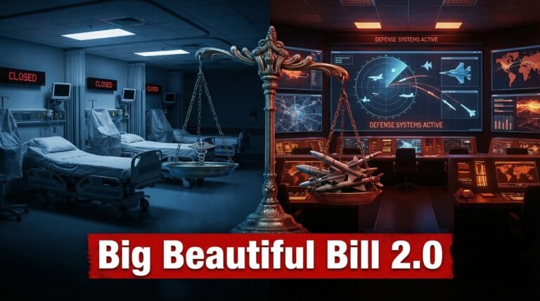 Big Beautiful Bill 2.0 scales of justice tipping toward war spending over healthcare cuts