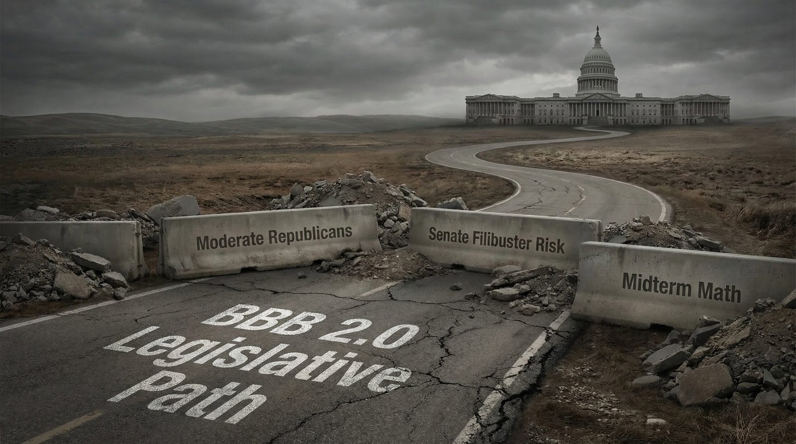 Winding road showing Big Beautiful Bill 2.0 legislative path blocked by moderate Republicans Senate risk and midterm math