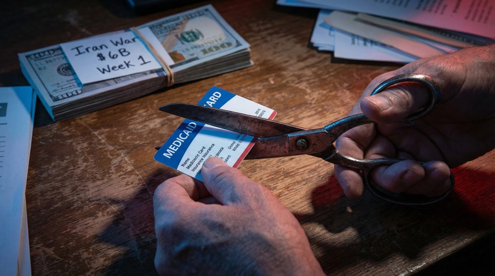Medicaid insurance card being cut by scissors with Iran war military spending visible in background