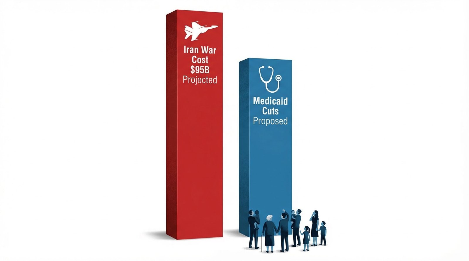 Infographic comparing Iran war $95 billion projected cost versus Medicaid cuts affecting 74 million Americans