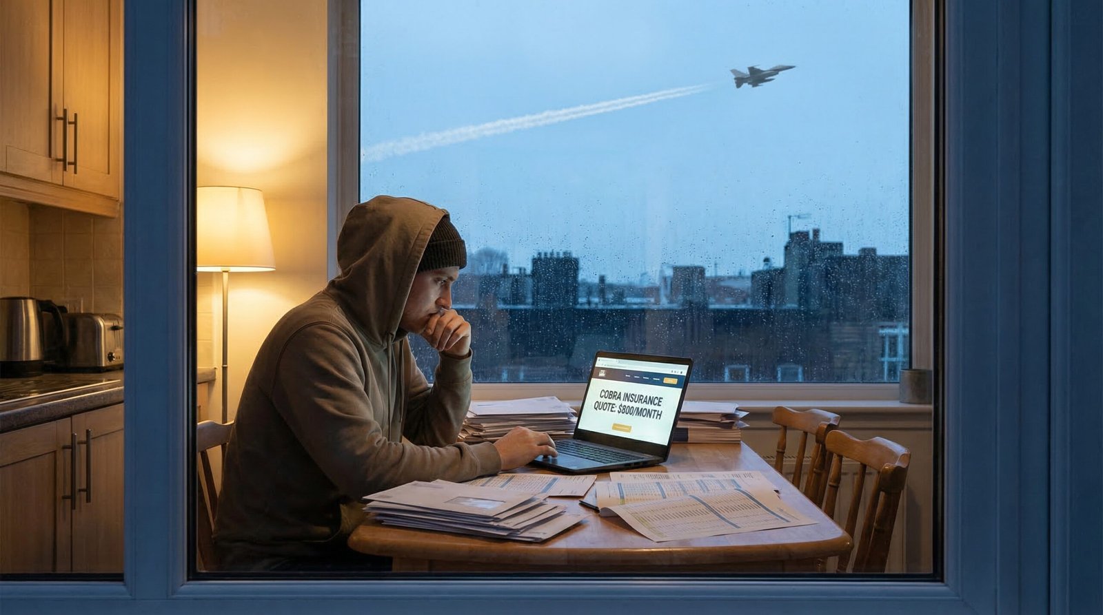 Millennial at kitchen table reviewing $800 COBRA health insurance quote while Iran war jet contrail crosses sky outside window