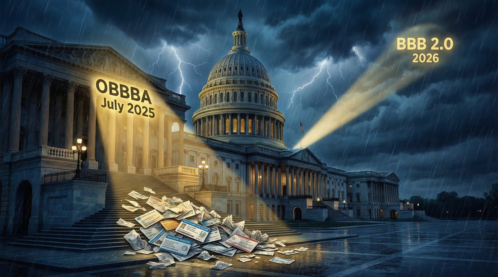 US Capitol at night illuminated by two reconciliation bill spotlights OBBBA and BBB 2.0