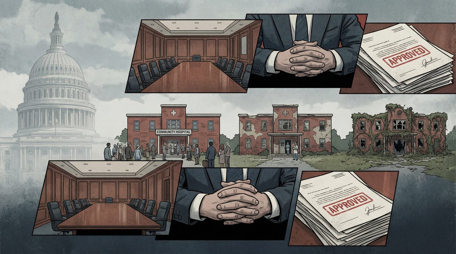 Capitol building faded behind deregulation boardroom — Boomer-era policy that enabled PE healthcare M&A