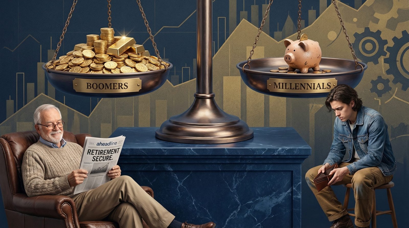 Scales of justice showing Boomer wealth gap versus millennials stagflation 2026
