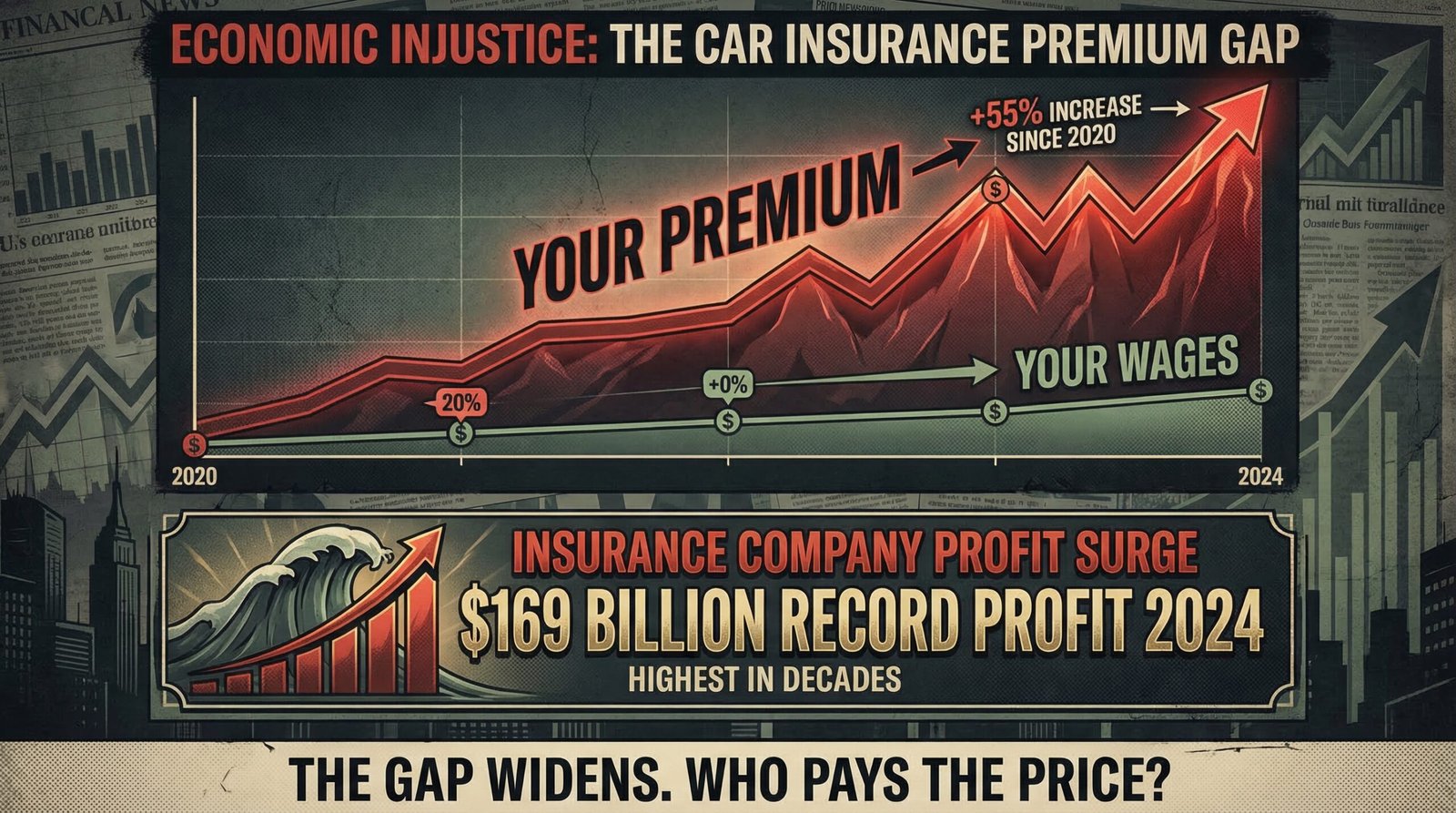 car insurance premium increase 55 percent since 2020 chart showing profit surge versus wage stagnation