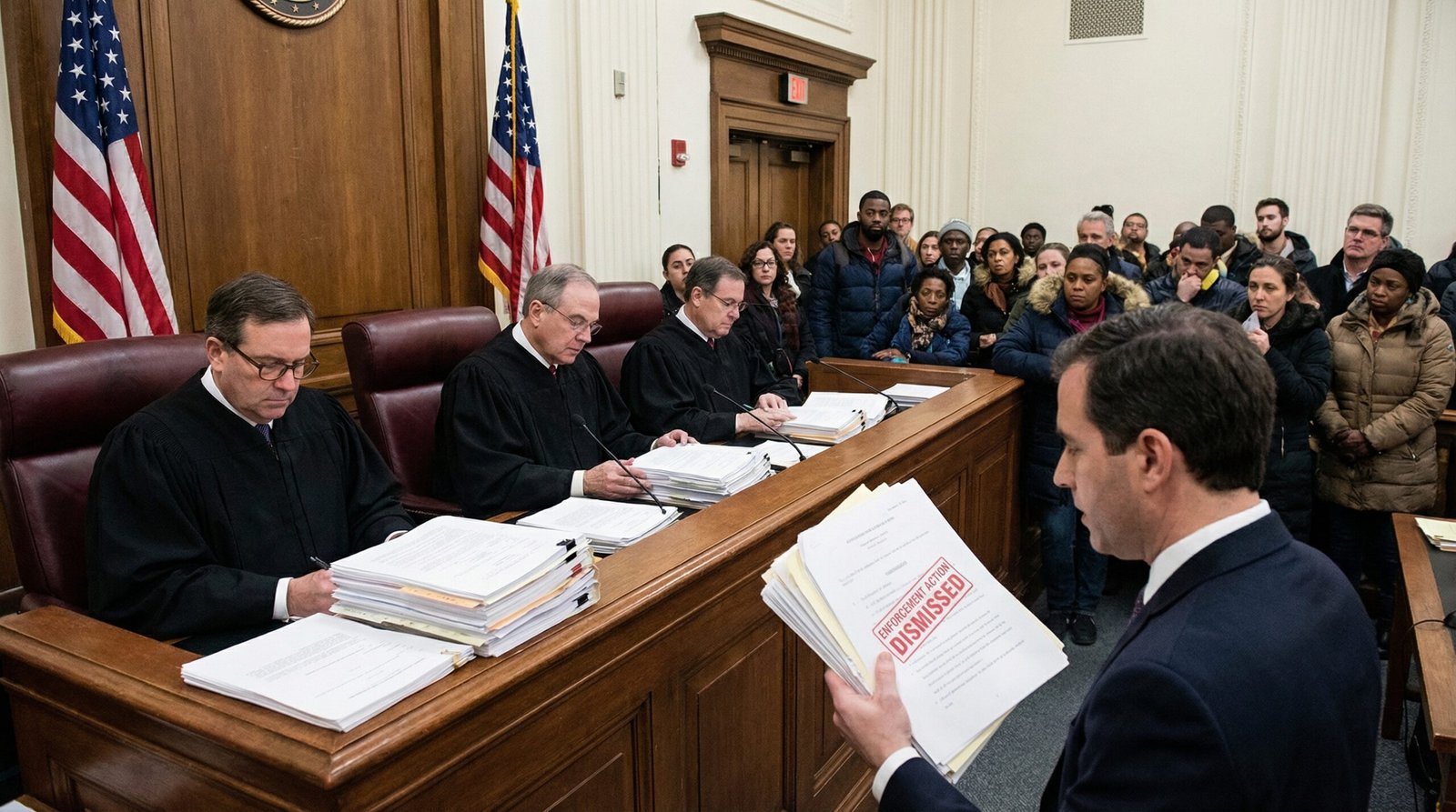 Federal courtroom with CFPB enforcement actions dismissed as bank lobbyists look on satisfied