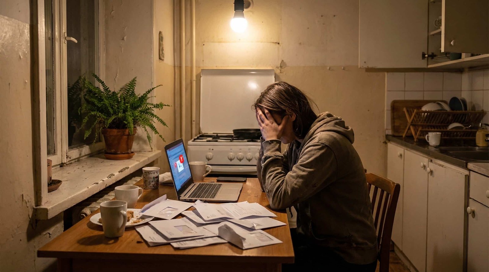 Millennial woman overwhelmed by bank fees and credit card bills at kitchen table