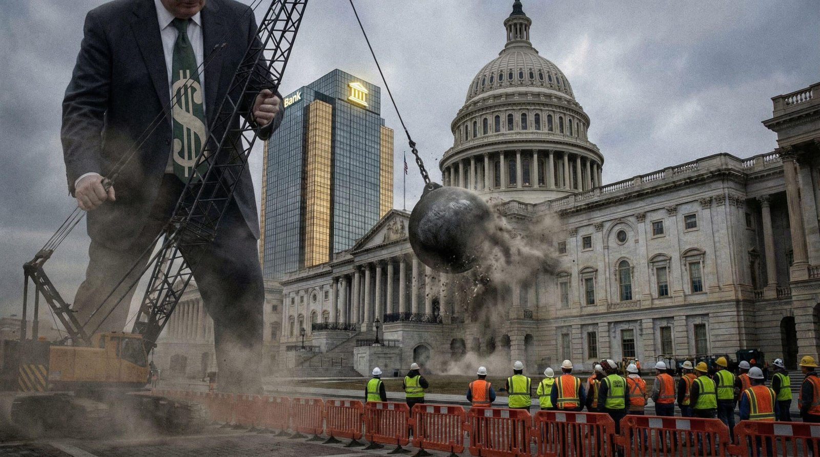 Consumer protection bureau building demolished by wrecking ball as bank tower rises behind it