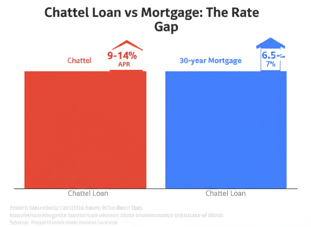 Chart comparing chattel loan interest rates 9-14 percent versus conventional mortgage 6.5-7 percent rate gap
