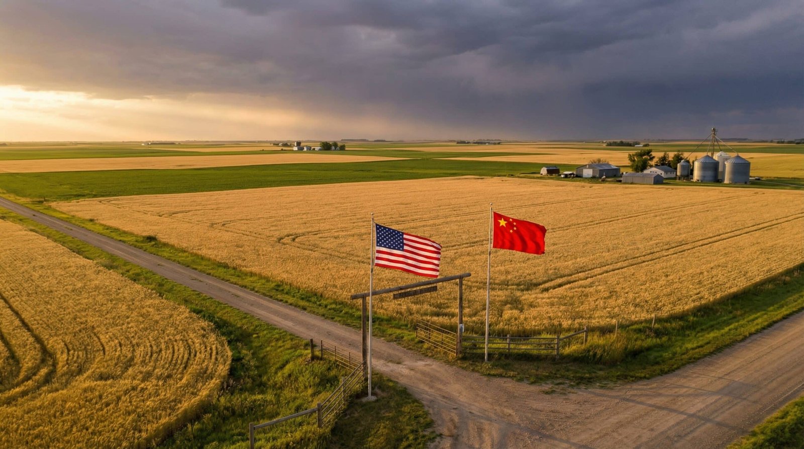 China buying American farmland with flags at Great Plains farm gate showing foreign ownership US farmland scale