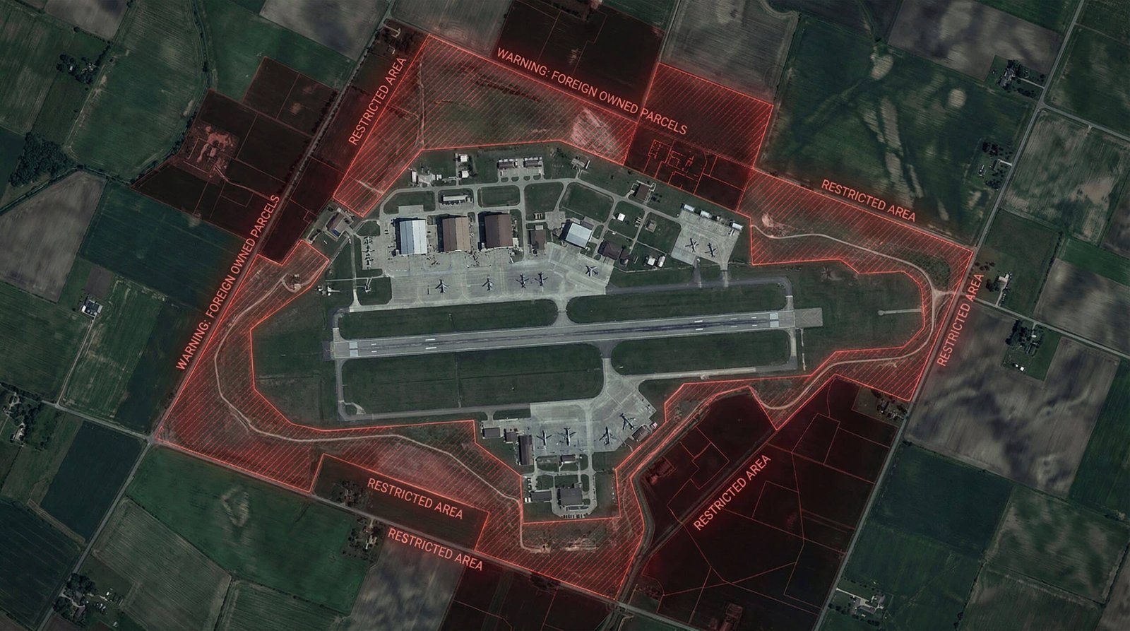 China owned farmland near US military base with red warning zones on satellite map view