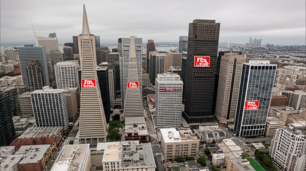 aerial view empty downtown skyscraper office towers for lease signs commercial real estate collapse
