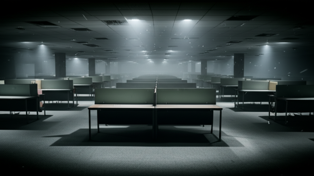 empty abandoned office building interior vacant workstations commercial real estate 2026