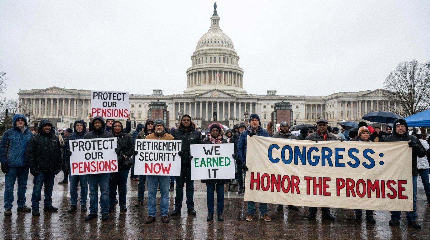 US Congress building with pension rights retirement security protesters signs