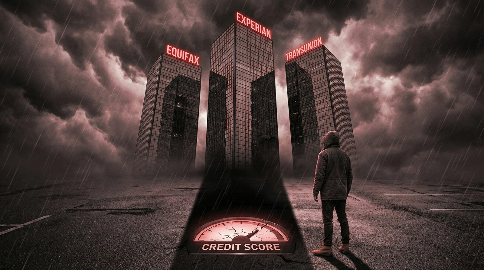 Three giant credit bureau skyscrapers Equifax Experian TransUnion loom over young American worker