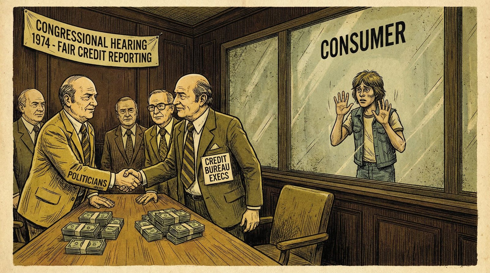 1970s Congressional hearing Boomer politicians shaking hands with credit bureau executives stacks of cash