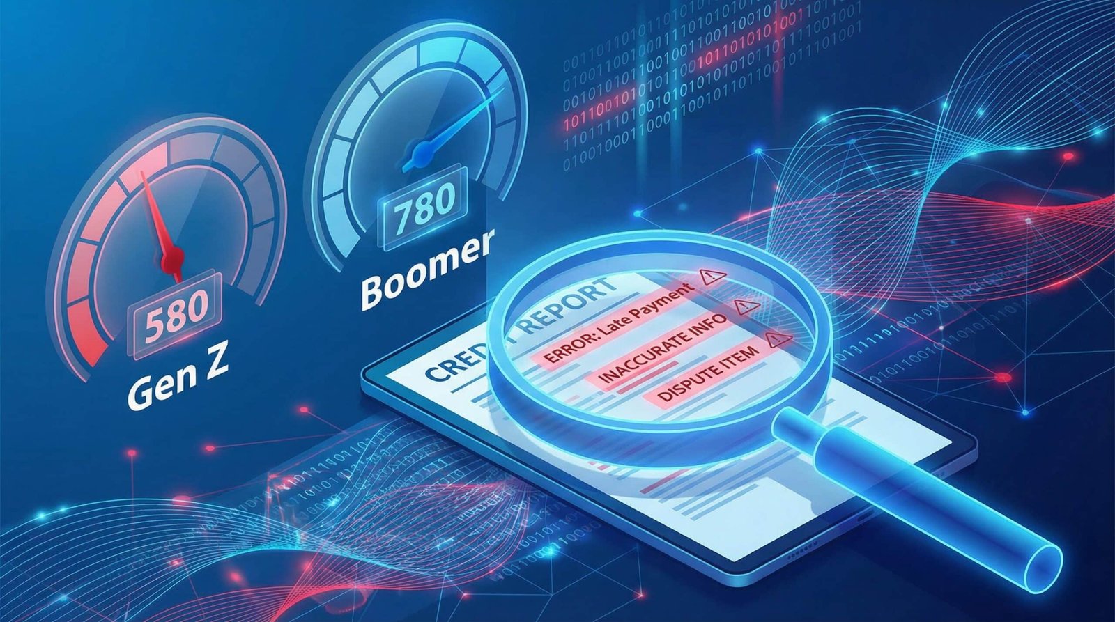 Credit score gauge showing Gen Z score 580 versus Boomer 780 with credit report errors visible