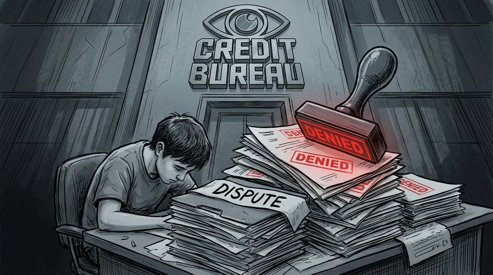Young person buried under mountain of credit dispute paperwork repeatedly stamped DENIED by credit bureaus