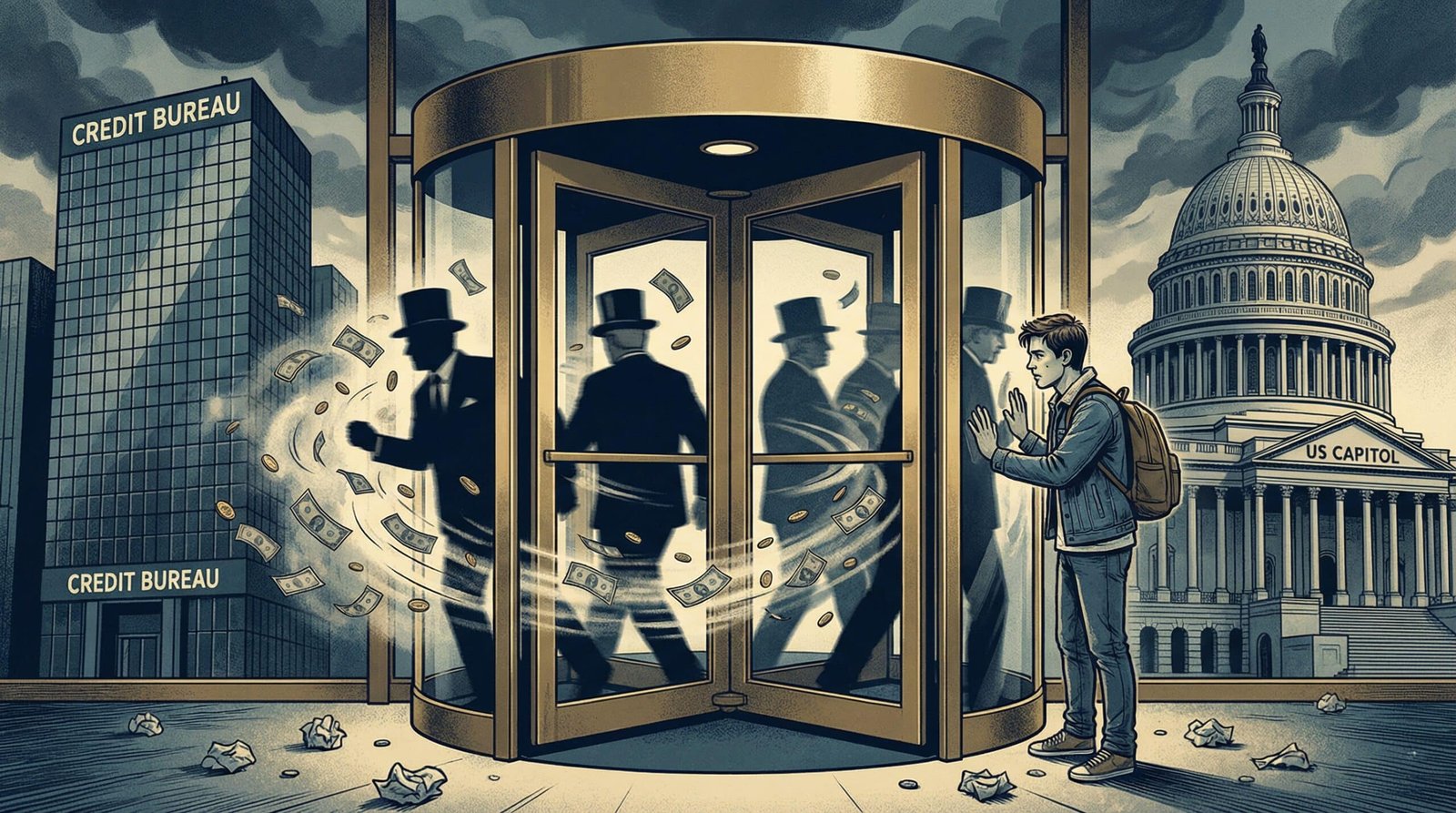 Credit bureau lobbyists spinning through revolving door between corporate tower and US Capitol building money flying