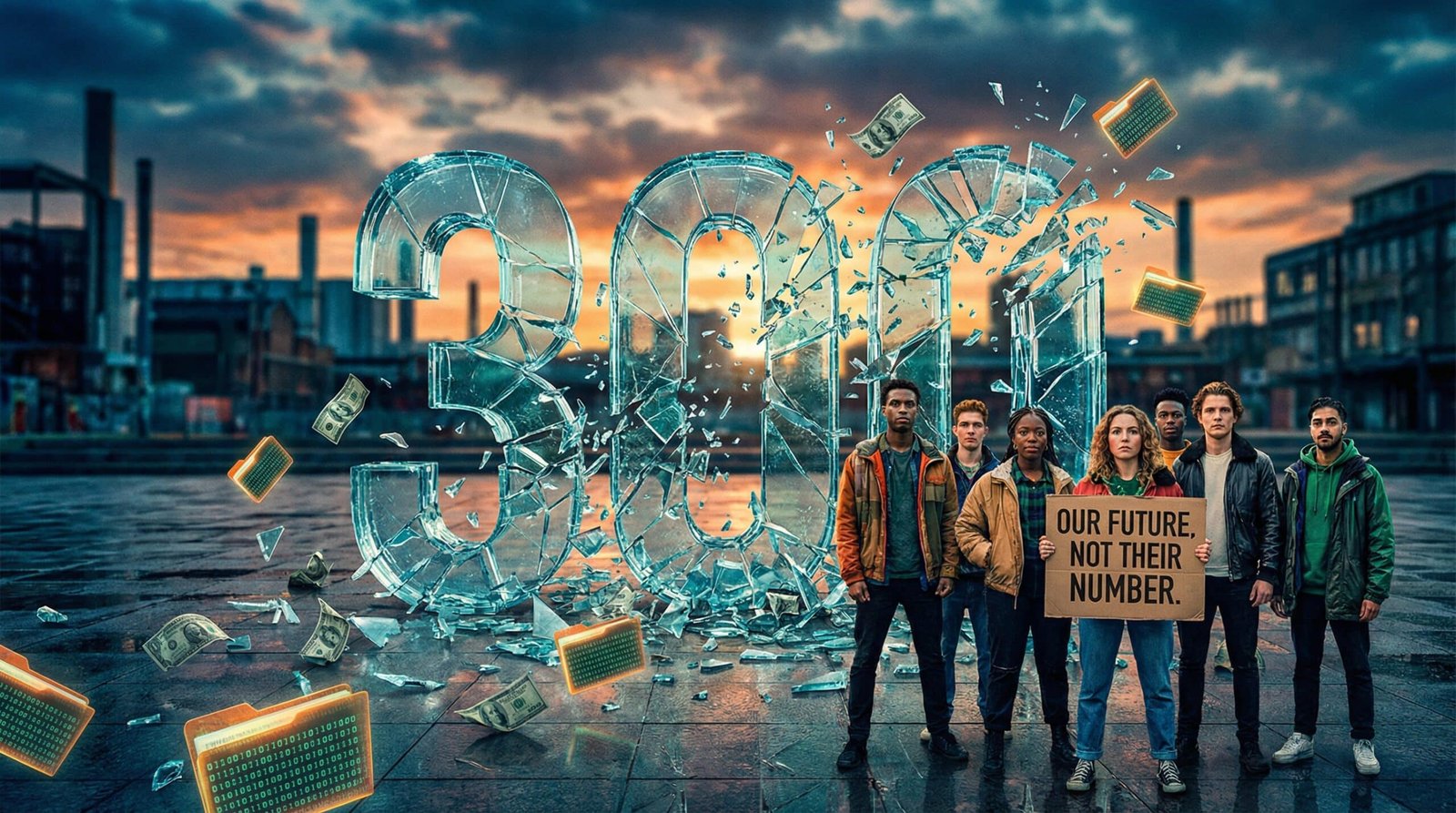 Cracked credit score 300 shattering as determined Millennial and Gen Z Americans stand defiantly in front