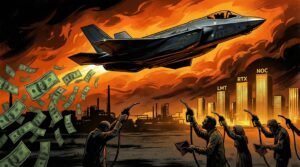 Defense contractor profits Iran war 2026 — jets and dollar bills raining on working Americans