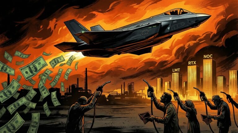 Defense contractor profits Iran war 2026 — jets and dollar bills raining on working Americans