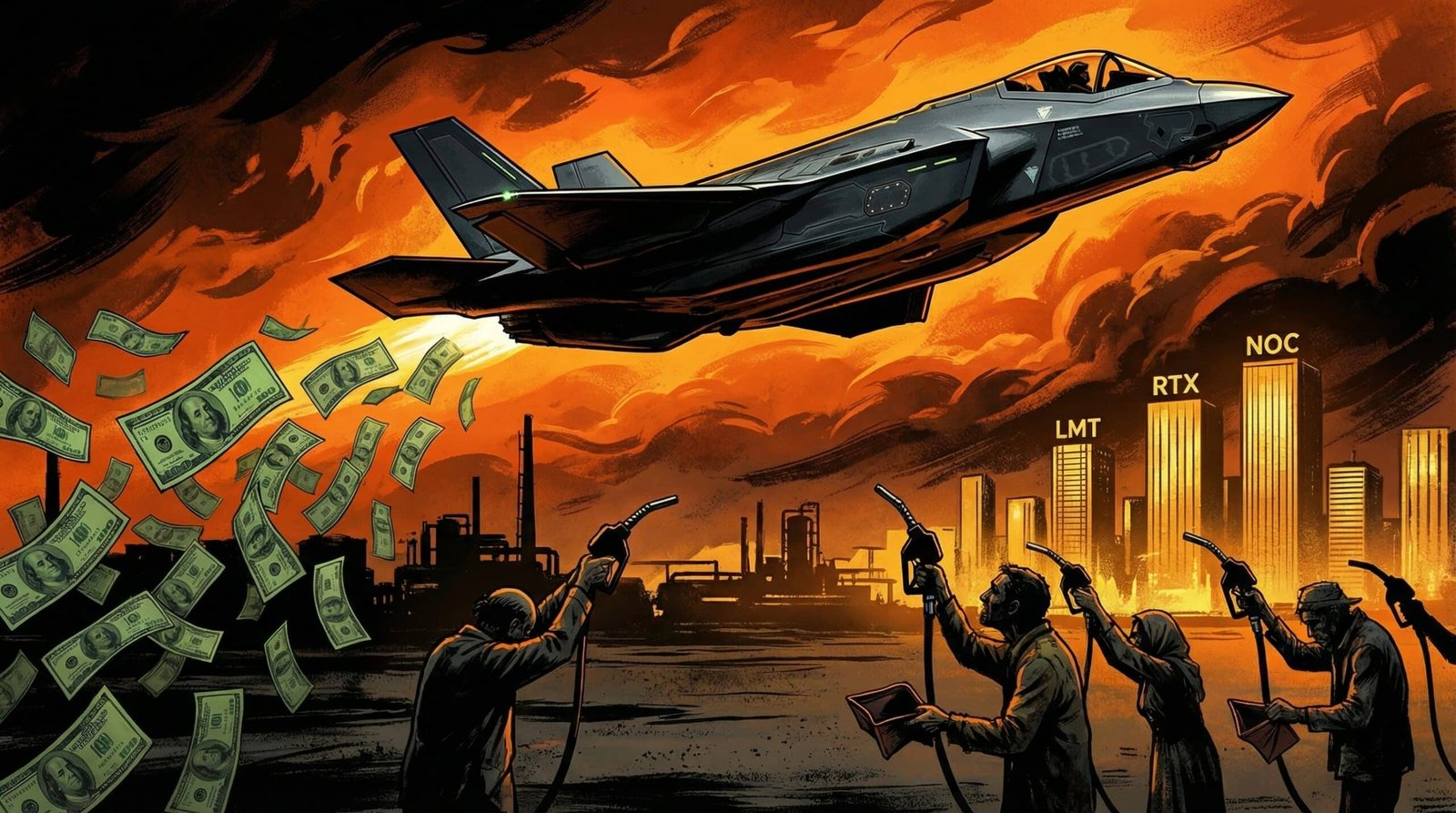 Defense contractor profits Iran war 2026 — jets and dollar bills raining on working Americans