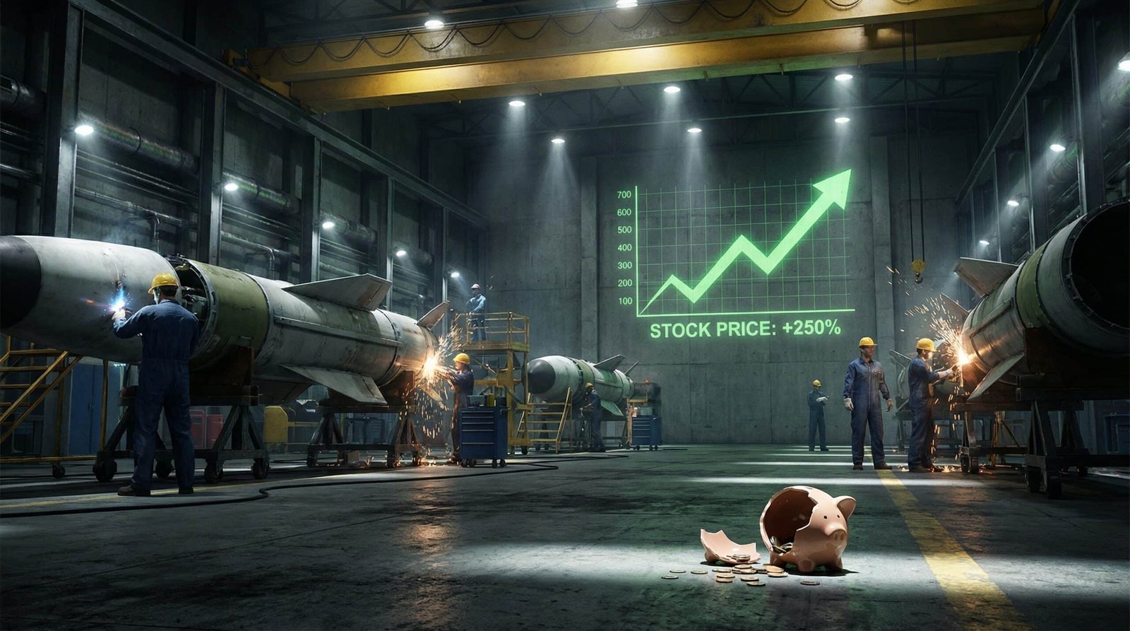 Defense contractor weapons factory with soaring Lockheed Raytheon stock charts while retirement savings shatter Iran war 2026