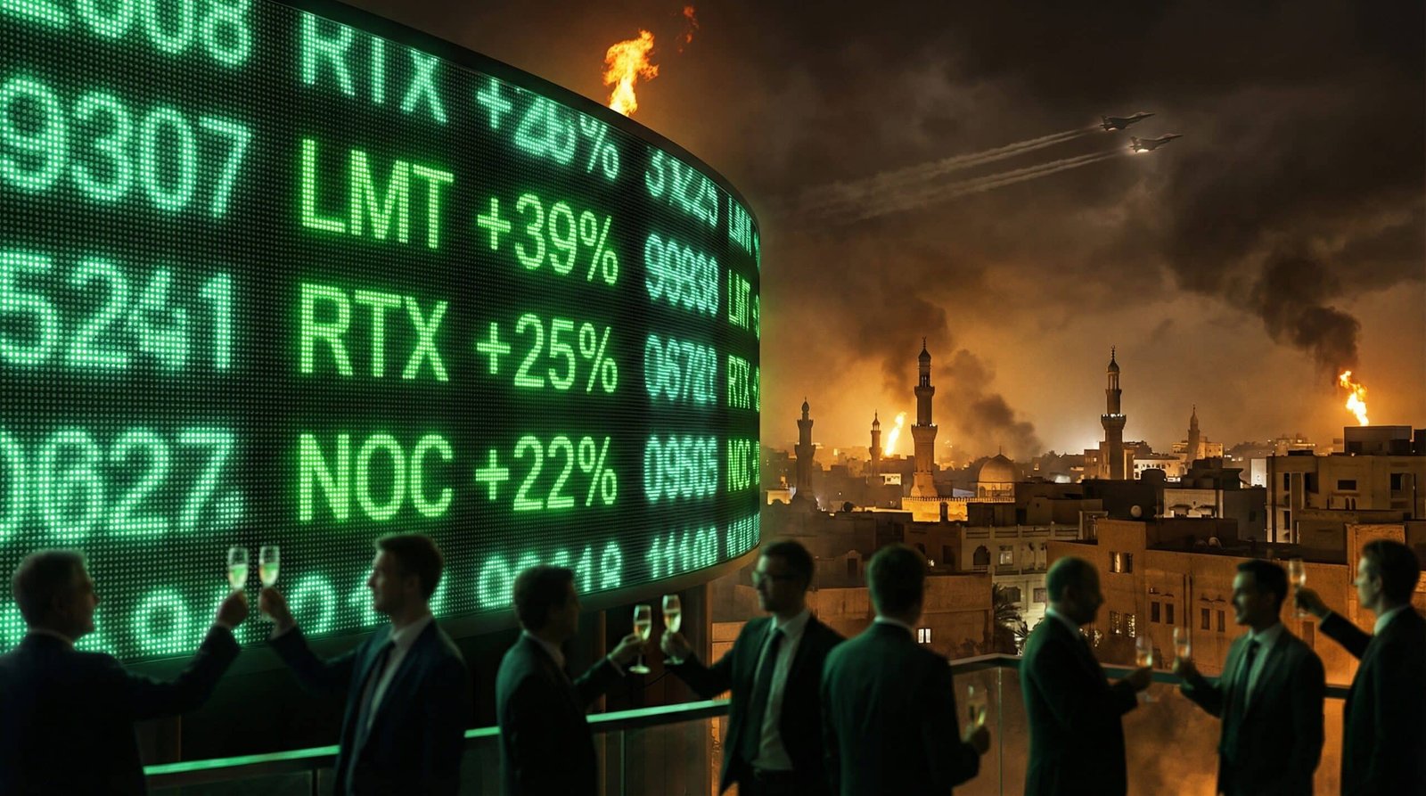 Defense stocks surge Iran war 2026 — LMT RTX NOC stock tickers glow green over Middle East skyline