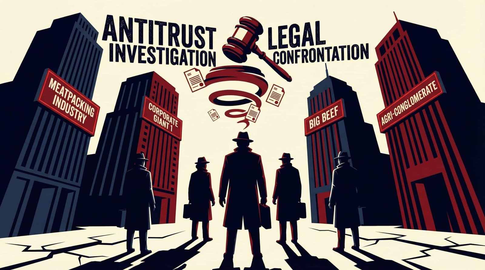 Department of Justice antitrust investigators confronting Big Four meatpacking corporate skyscrapers in 2025