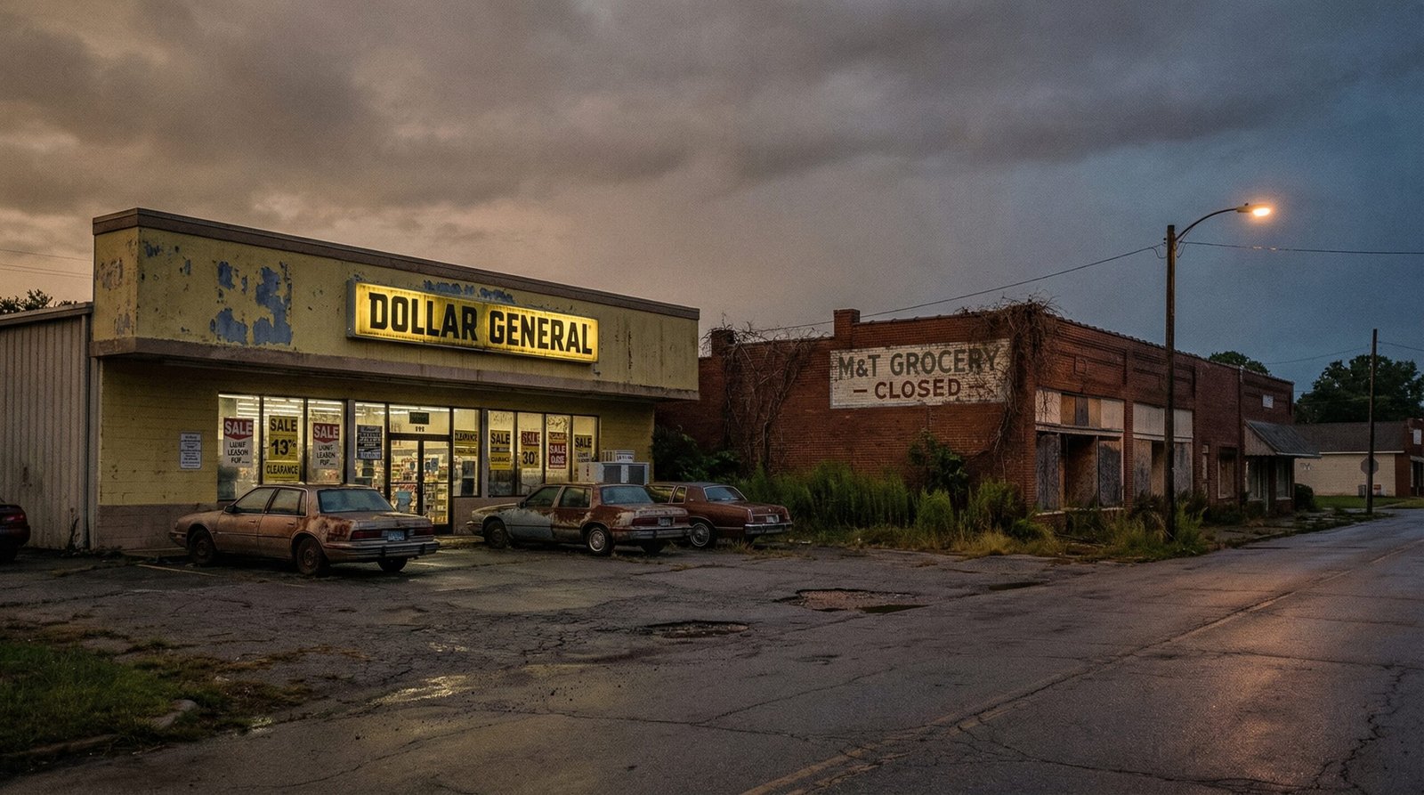 Dollar General store replacing closed grocery store in rural America food desert abandoned community 2026