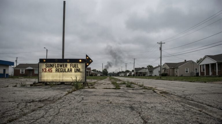 Trump economy 2026 gas station price sign $3.45 suburban street smoke horizon