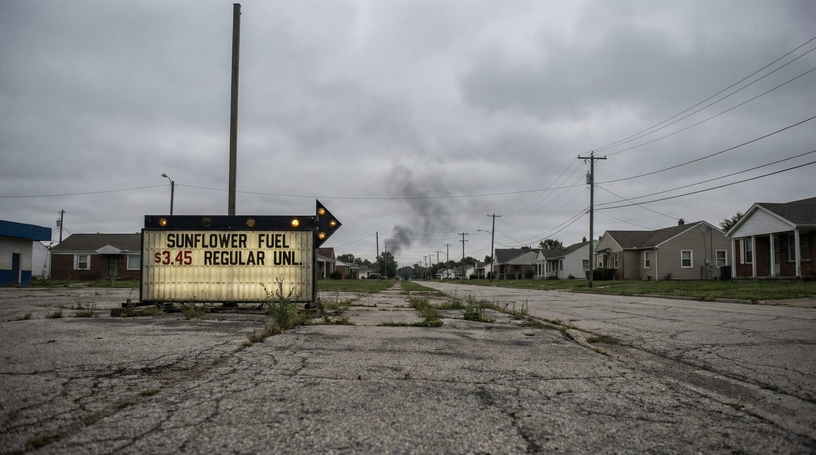 Trump economy 2026 gas station price sign $3.45 suburban street smoke horizon