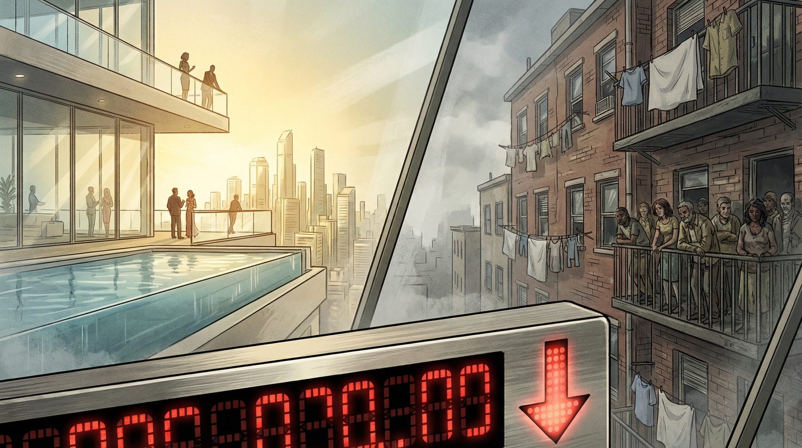 Wall Street stock market decline wealthy penthouse working class apartment wealth gap