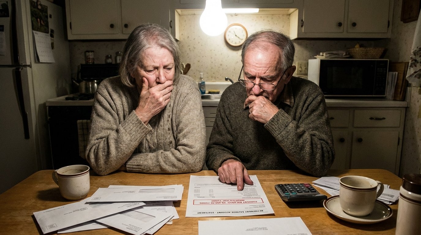 elderly couple reviewing bills with worried expressions insufficient retirement savings