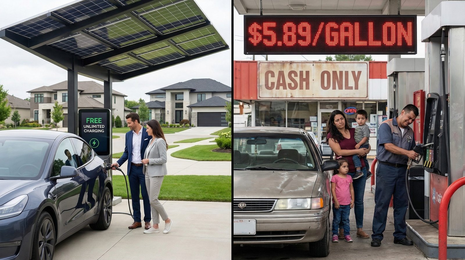 Generational wealth divide EV charging versus gas pump working class LA 2026